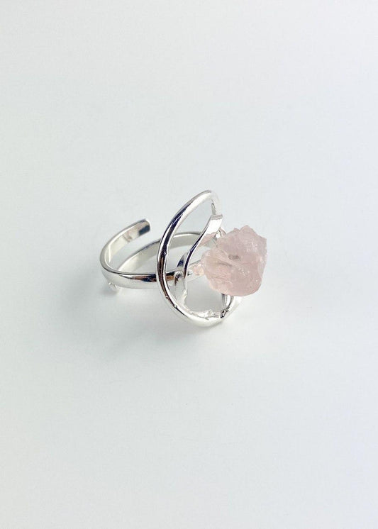 Anel ajustável Pedra Natural Quartzo Rosa banhado Prata
