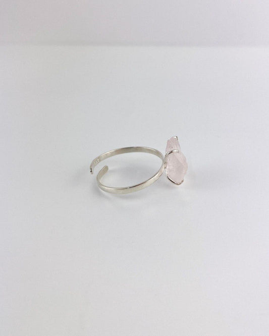 Anel Quartzo Rosa bruta garra Ajustável Prata 925