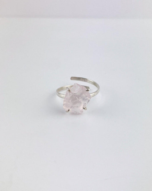 Anel Quartzo Rosa bruta garra Ajustável Prata 925