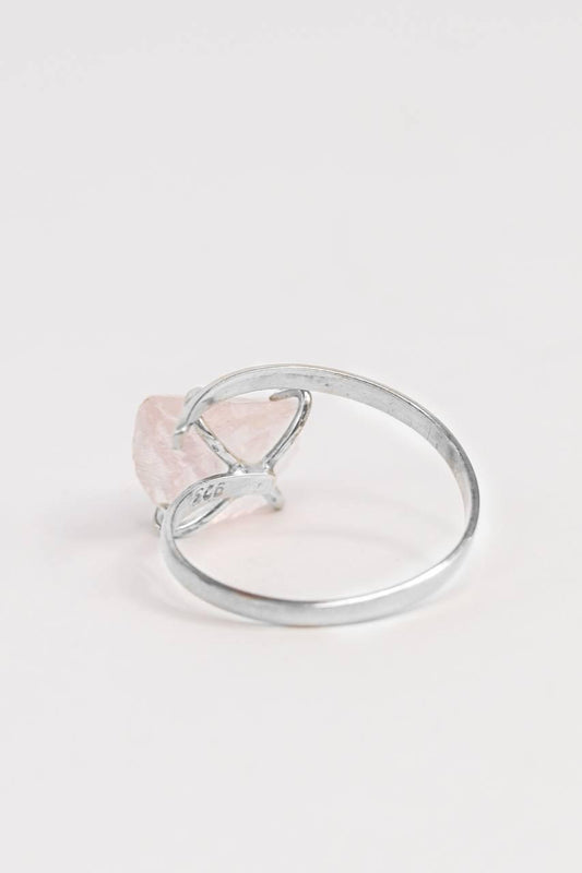 Anel Quartzo Rosa bruto Single garra Ajustável Prata 925