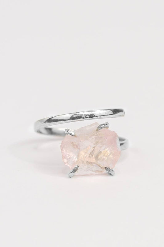 Anel Quartzo Rosa bruto Single garra Ajustável Prata 925