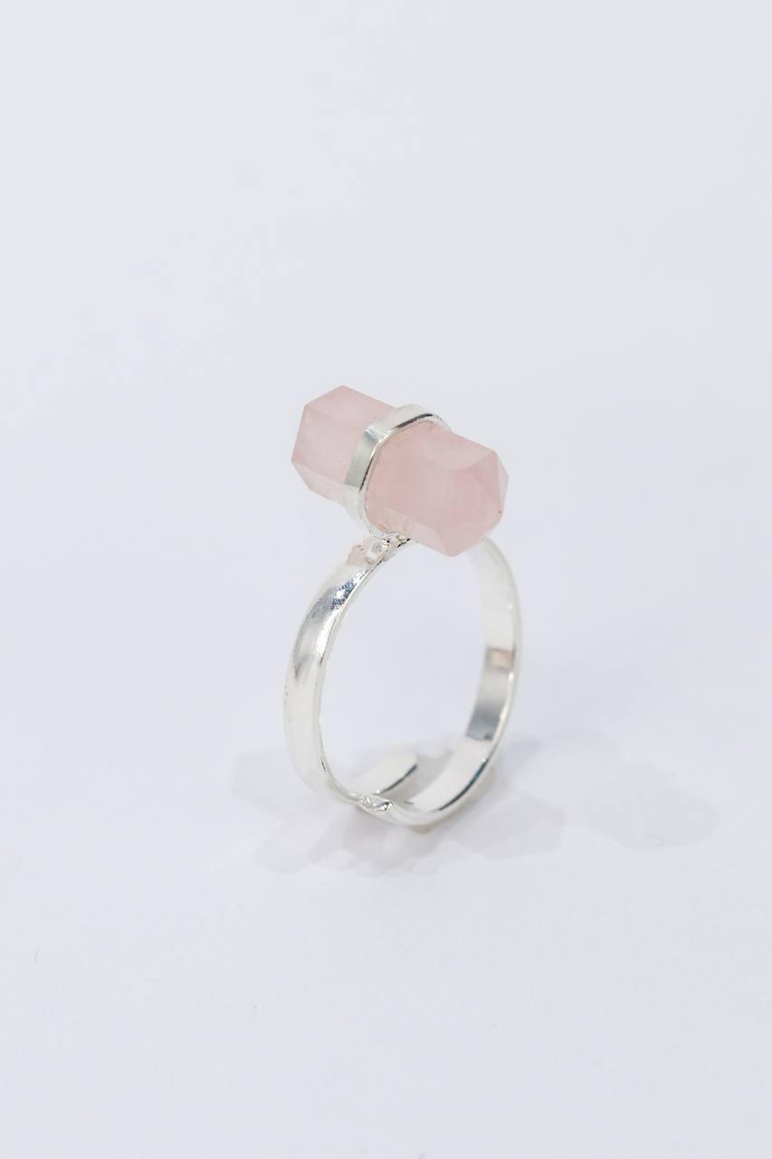 Anel Quartzo Rosa Ponta Biterminada Banho Prata
