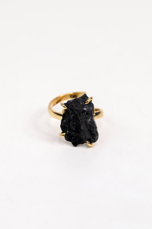 Anel Turmalina Negra Ajustável Banho Ouro