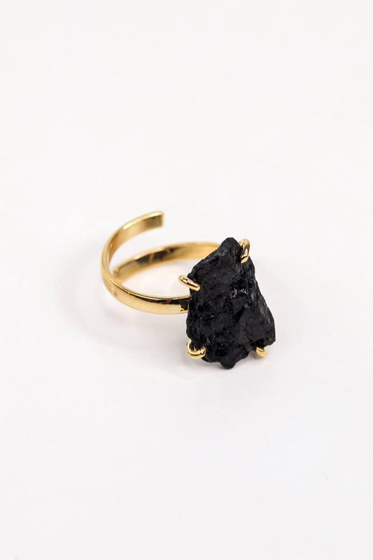 Anel Turmalina Negra Ajustável Banho Ouro
