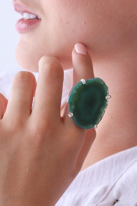 Anel Ajustável Chapa de Ágata Verde Banho Prata