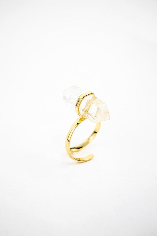 Anel Quartzo Cristal Ponta Biterminada Banho Ouro