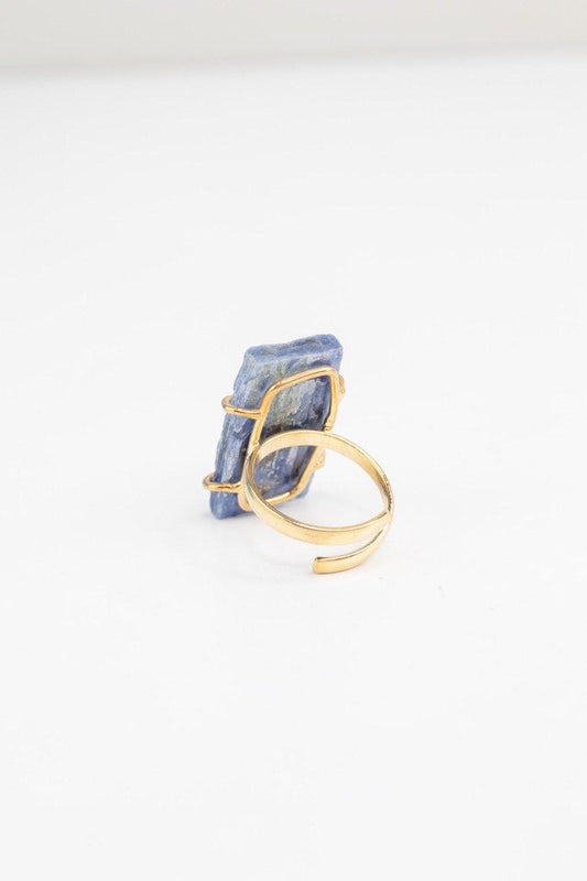 Anel Cianita Azul bruta ajustavel banho ouro