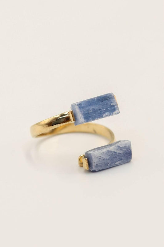 Anel Duo Cianita Azul Ajustável Banho Ouro