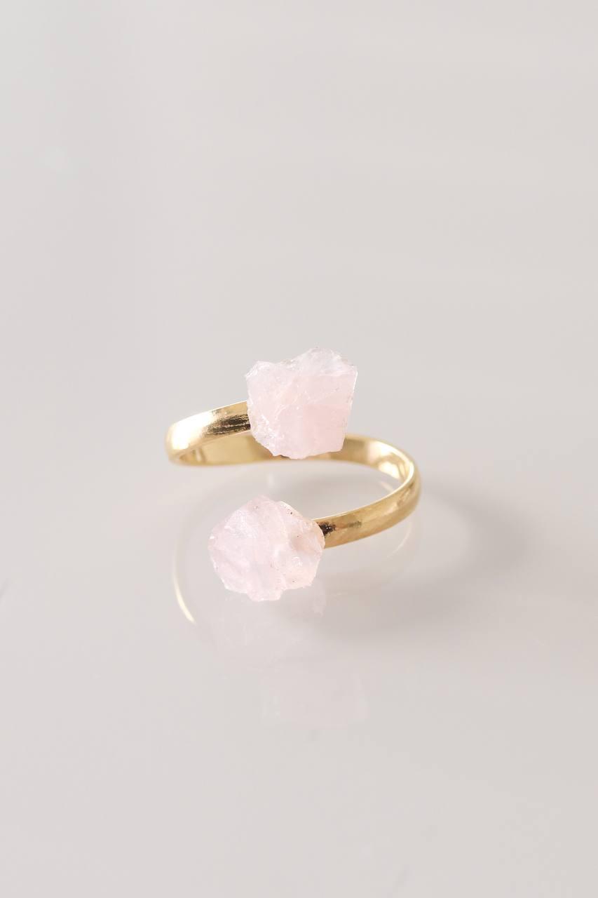 Anel Quartzo Rosa Duo Ajustável Banho Ouro