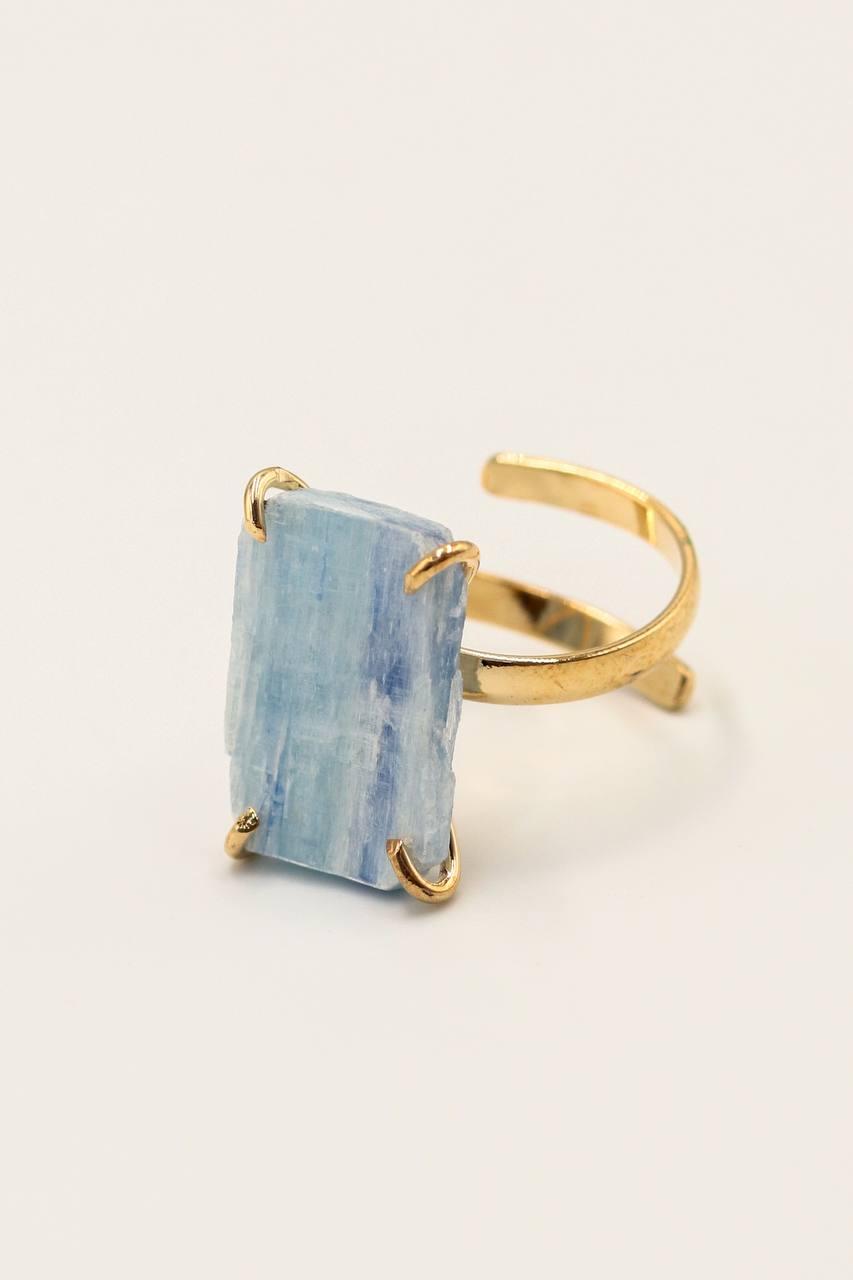 Anel Cianita Azul Bruta com Garra Ajustável banho ouro