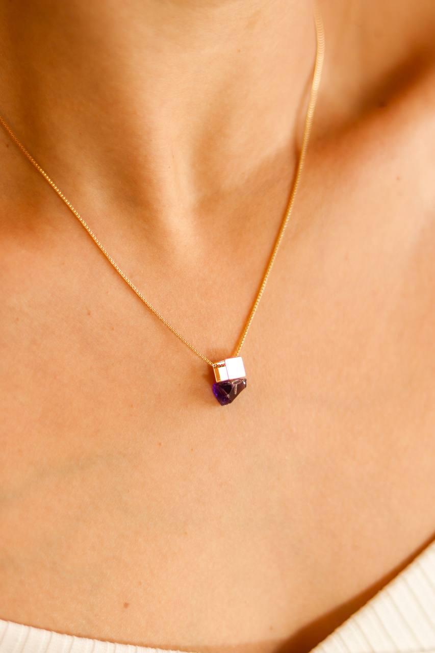 Colar Ametista Cubo Banho Ouro