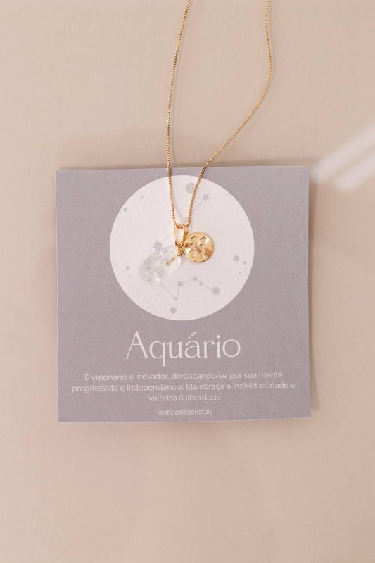 Colar Signo Aquário - Pedra Cristal Bruto banhado Ouro