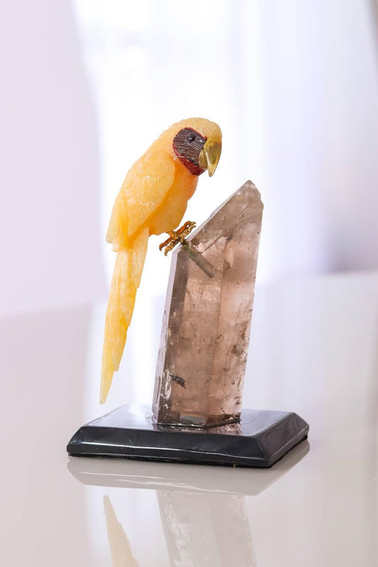 Arara de Calcita Amarela com Base Ponta de Cristal