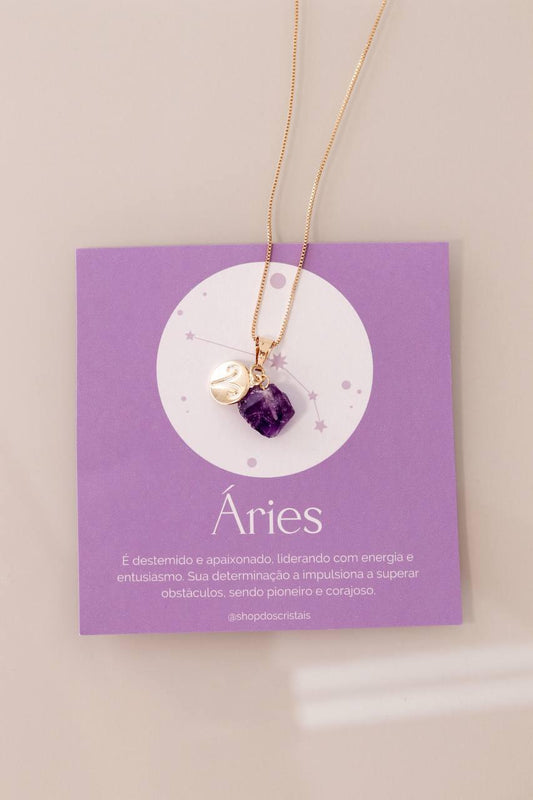 Colar Signo Áries - Pedra Ametista Bruta banhado Ouro