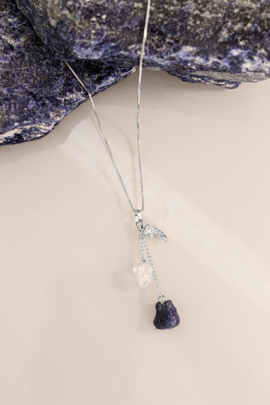 Colar Duo Sodalita e Cristal Banho Prata