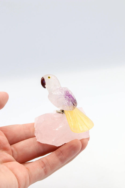 Arara Ametista na Base Quartzo Rosa