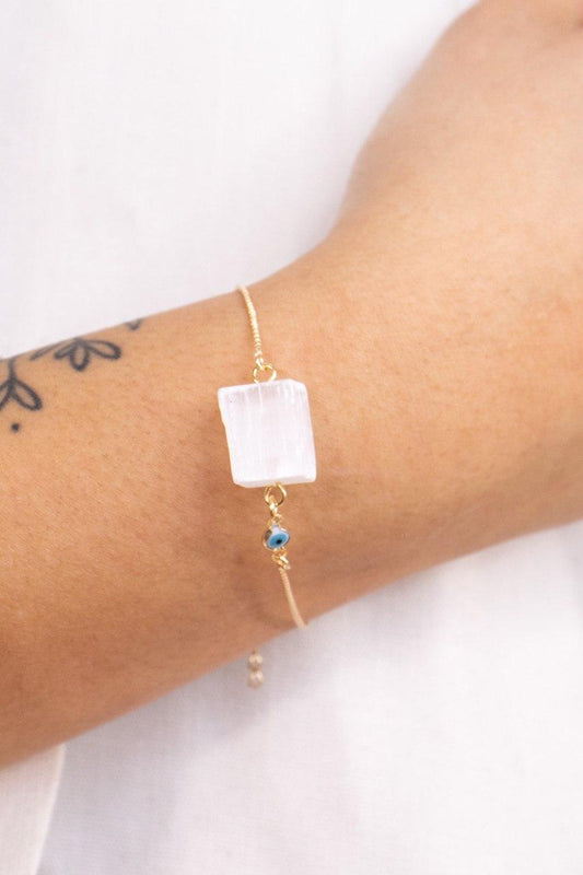 Pulseira Olho Grego Selenita banhado Ouro
