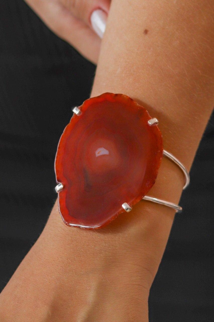 Bracelete Chapa de Ágata Vermelha Banho Prata