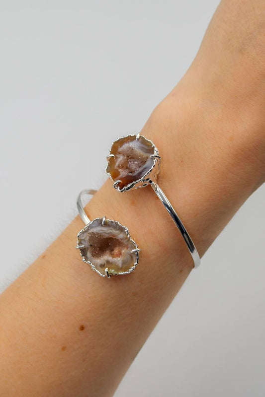 Bracelete Duo Geodo de Ágata Natural Banho Prata