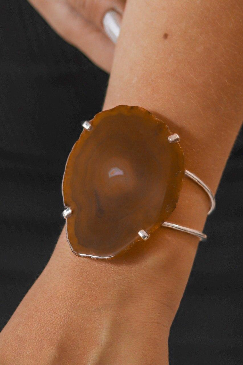Bracelete Chapa de Ágata Natural Banhado Prata