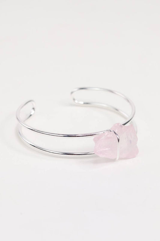 Bracelete Quartzo Rosa Laços Banho Prata