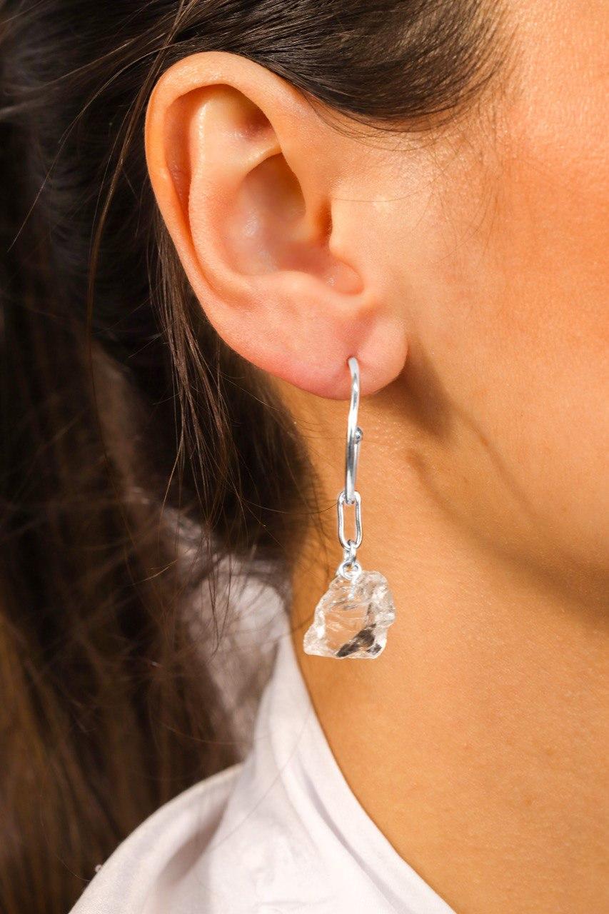 Brinco Argola Pedra Natural Cristal banhado Prata