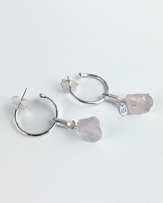 Brinco Argola Pedra Natural Quartzo Rosa banhado Prata