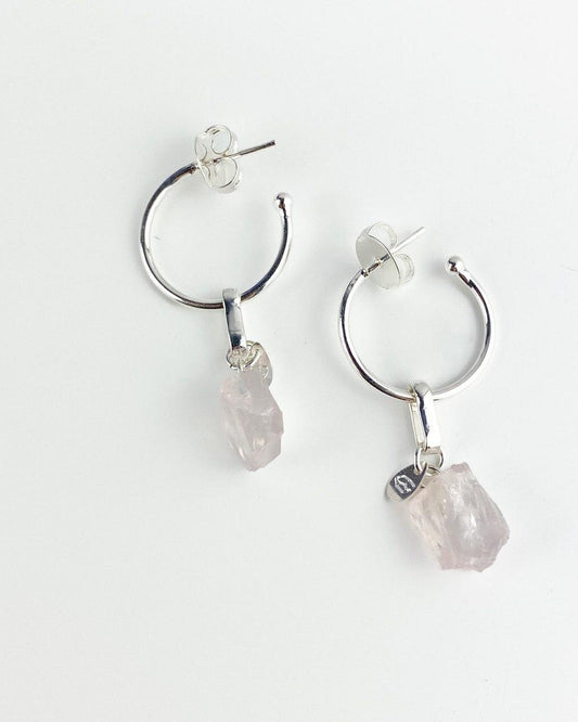 Brinco Argola Pedra Natural Quartzo Rosa banhado Prata