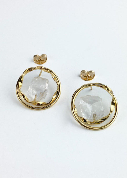 Brinco Pedra Natural Cristal banhado Ouro 18k