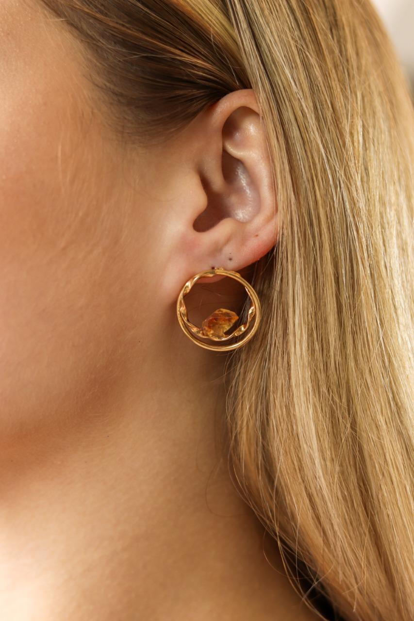 Brinco Pedra Natural Citrino banhado Ouro 18K