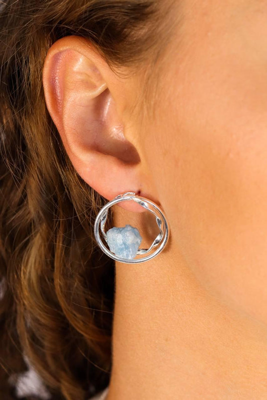 Brinco Pedra Natural Água Marinha banhado Prata