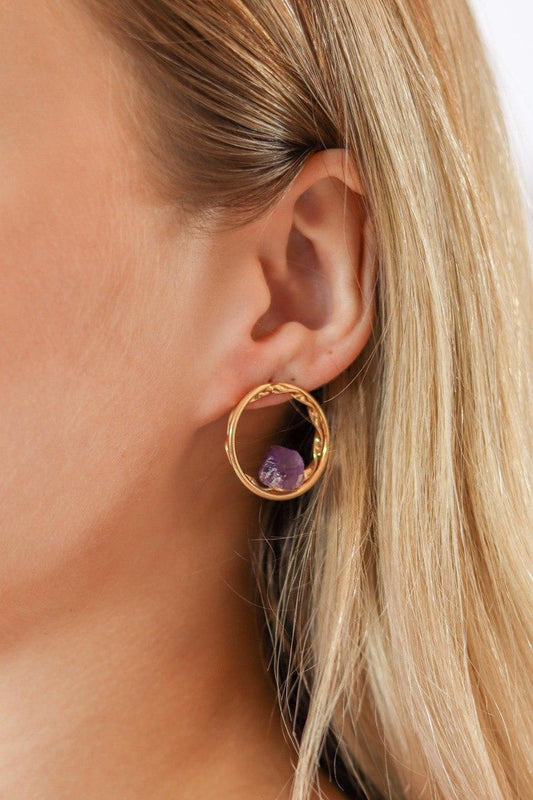Brinco Pedra Natural Ametista banhado Ouro 18k