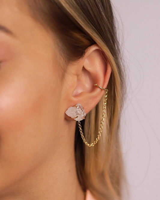 Brinco Piercing Fake Quartzo Cristal Banho Ouro