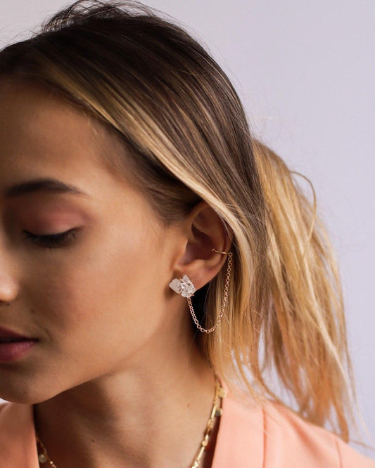 Brinco Piercing Fake Quartzo Cristal Banho Ouro
