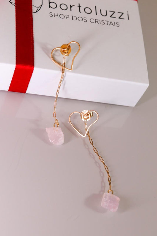 Brinco Longo Coração Quartzo Rosa Banho Ouro