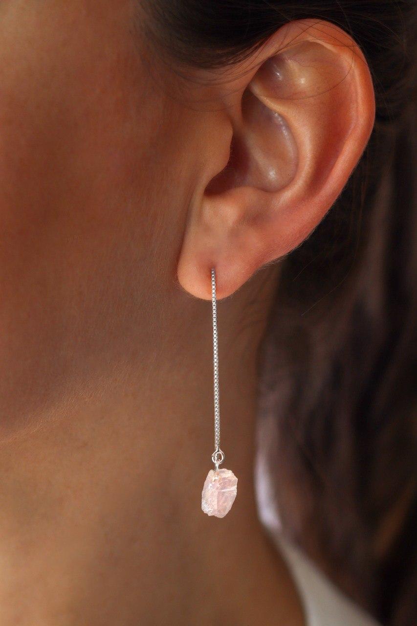 Brinco Pedra Natural Quartzo Rosa Passante banhado Prata