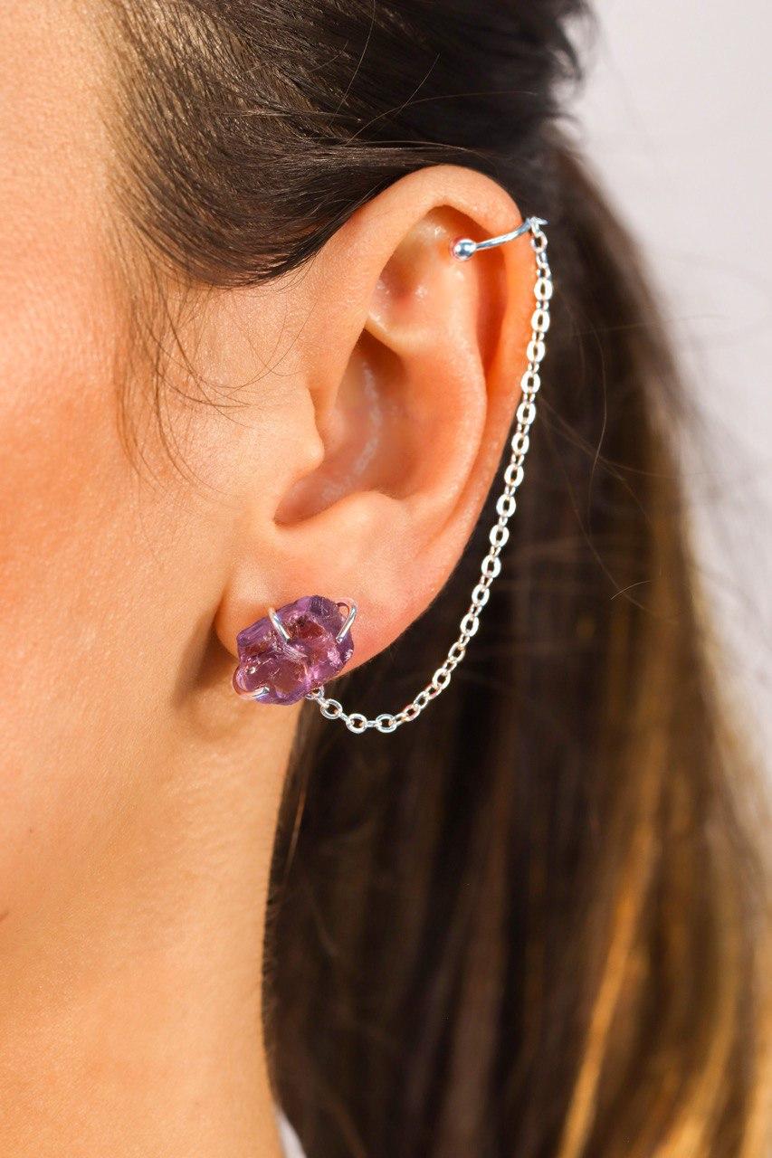 Brinco Piercing Fake Ametista Banho Prata