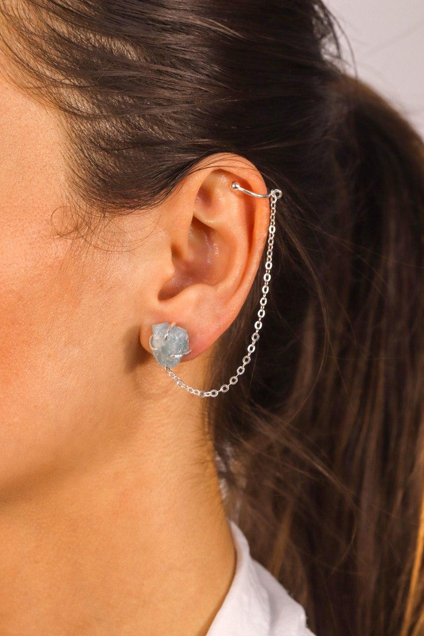 Brinco Piercing Fake Água Marinha Banho Prata