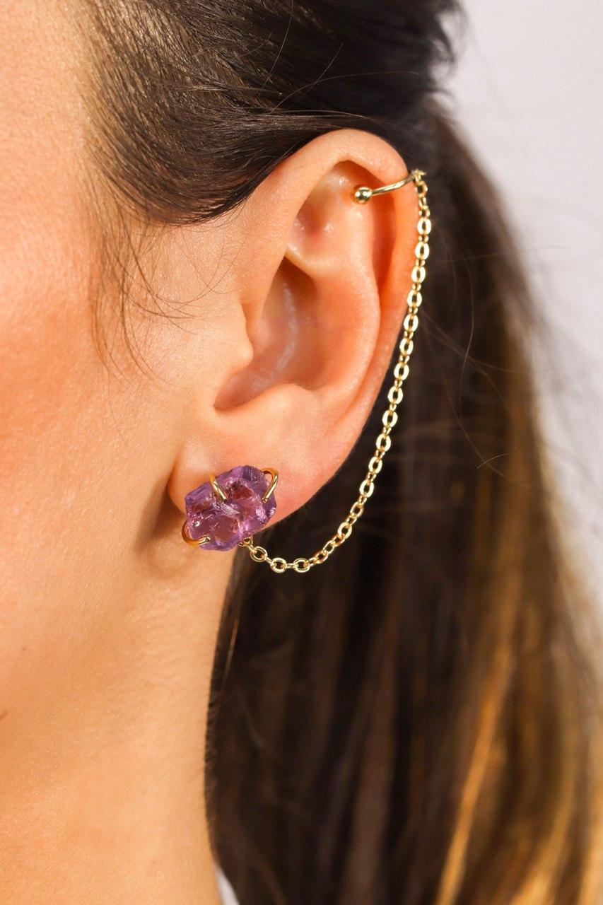 Brinco Piercing Fake Ametista Banho Ouro