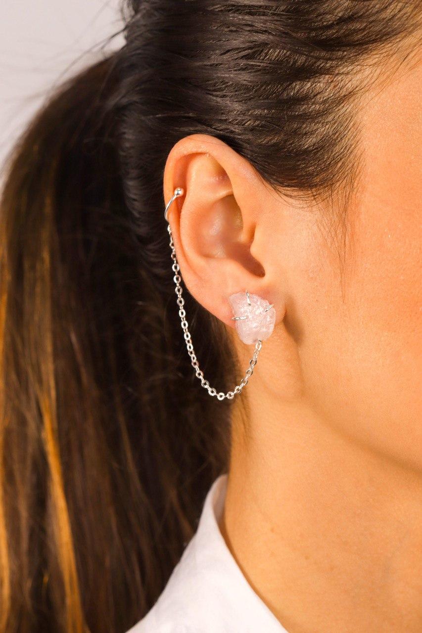 Brinco Piercing Fake Quartzo Rosa Banho Prata