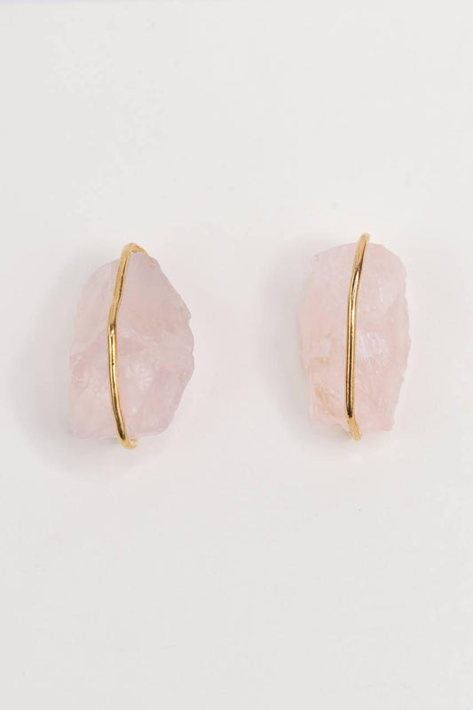 Brinco Quartzo Rosa Bruto Abraço Banho Ouro