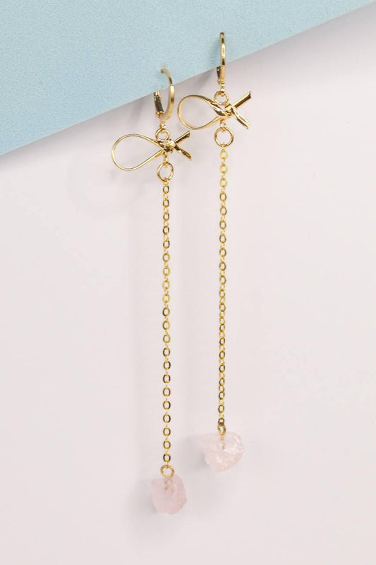 Brinco Quartzo Rosa Bruto Laços Longo Banho Ouro