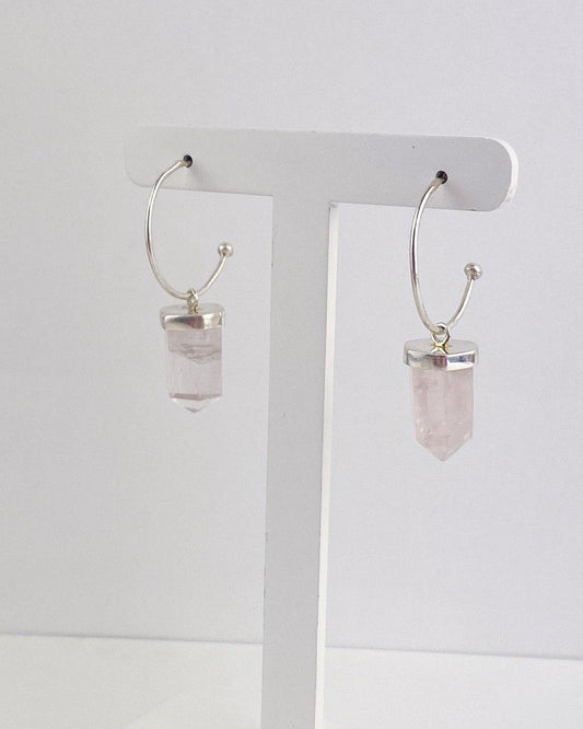 Brinco Argola Ponta Quartzo Rosa Prata 925