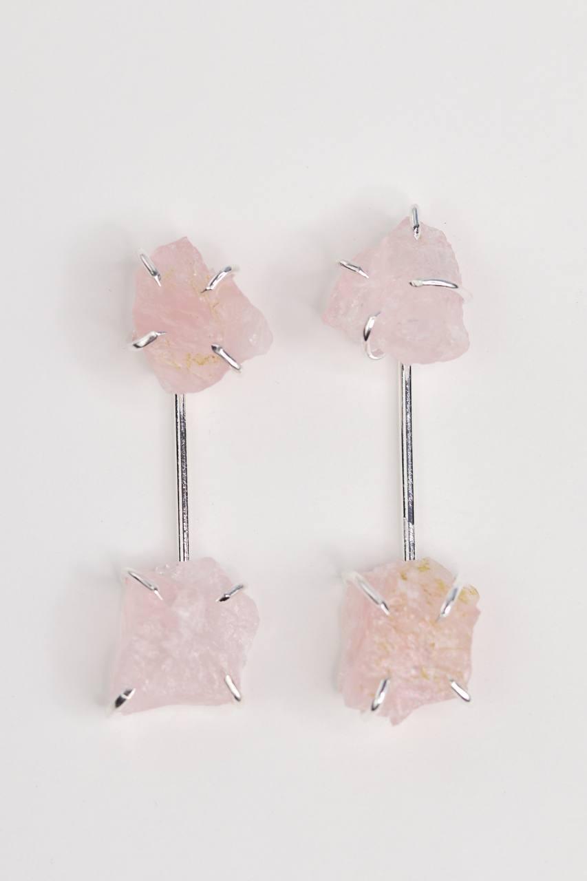 Brinco Quartzo Rosa Bruto Constelar  banhado Prata