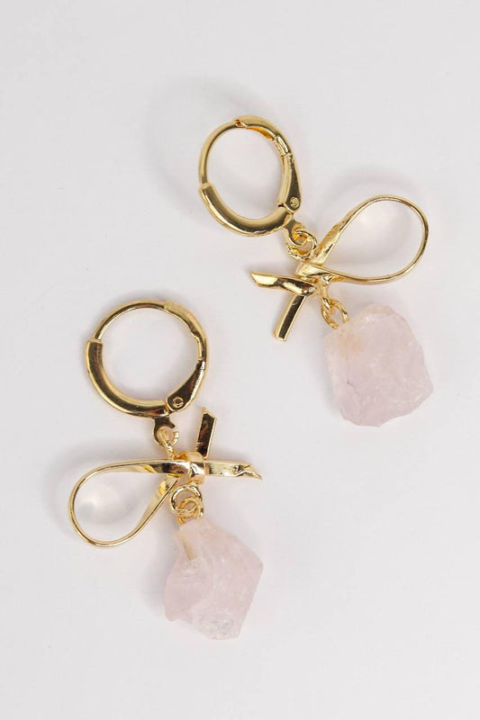 Brinco Quartzo Rosa Bruto Laços Banho Ouro