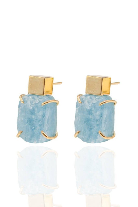 Brinco Água Marinha Cubo com Garra Banho Ouro