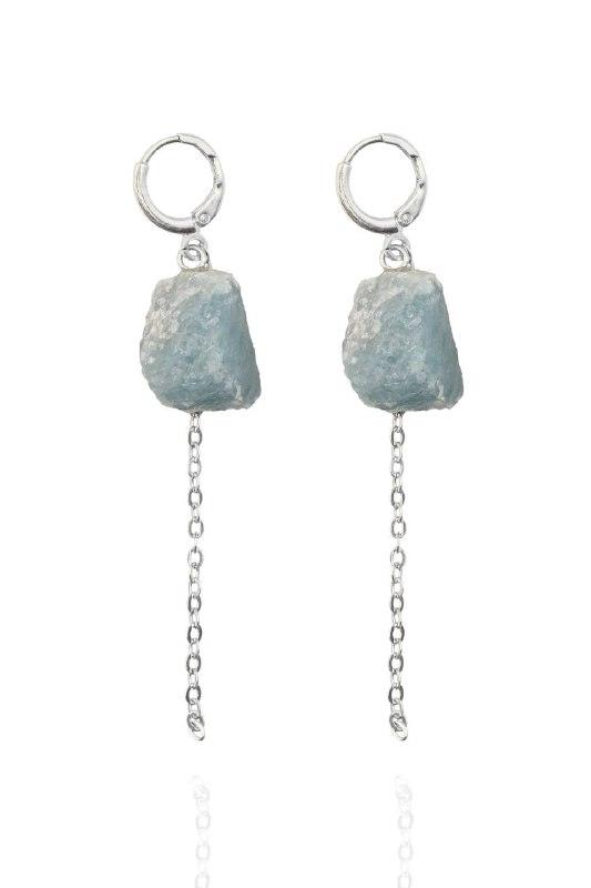 Brinco Argola Pedra Natural Água Marinha com Corrente Diamantada Banho Prata