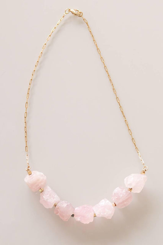 Colar Quartzo Rosa Bruto Banho Ouro
