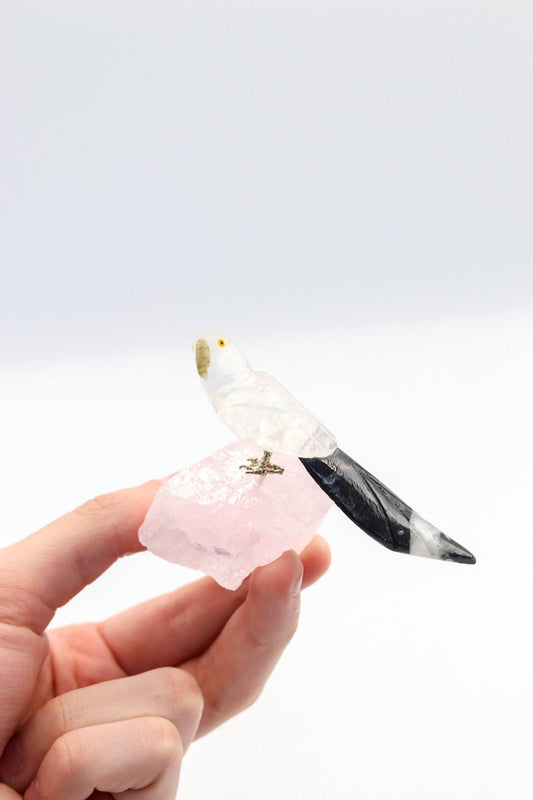 Arara Quartzo Cristal na Base Quartzo Rosa