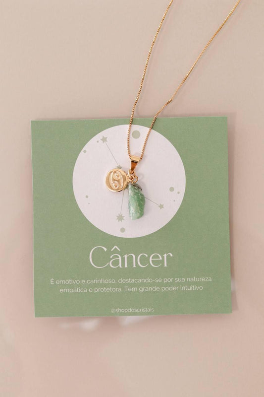 Colar Signo Câncer - Pedra Quartzo Verde Bruto banhado Ouro